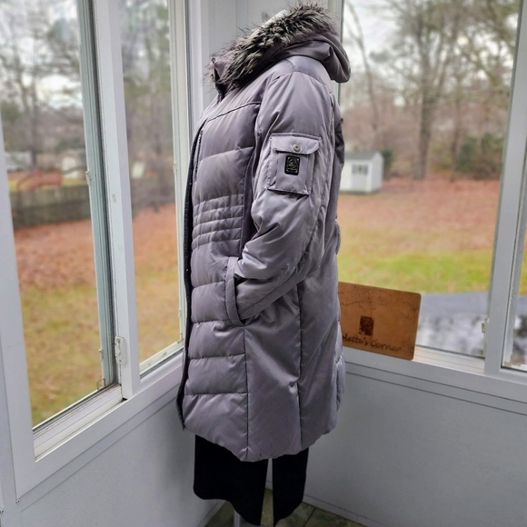 Zero Xposur Silver Faux Fur Trim Hood Down Utility Quilted Puffer Coat - Picture 2 of 16